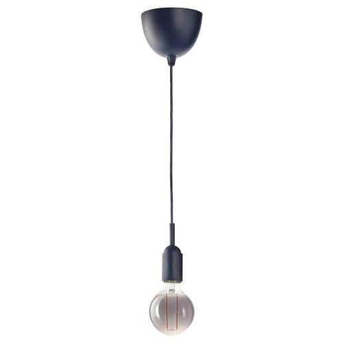 GRÅVACKA / MOLNART Pendant lamp with light bulb, dark blue/grey clear glass, 95 mm