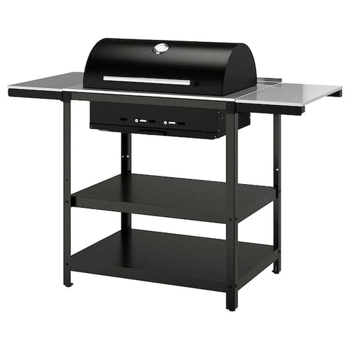 GRILLSKÄR - Charcoal barbecue w 2 side tables, stainless steel/outdoor , 99/123/147x61 cm