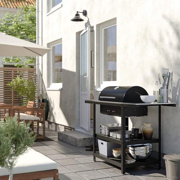 GRILLSKÄR - Charcoal barbecue w 2 side tables, stainless steel/outdoor