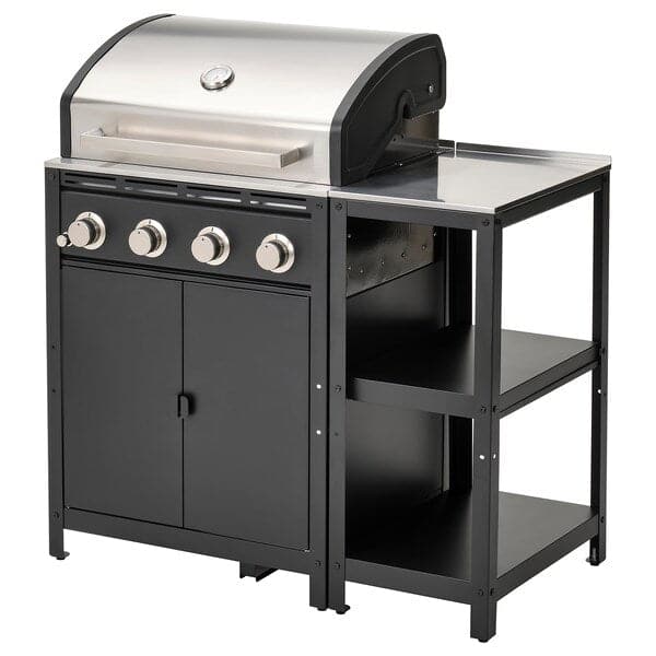 GRILLSKÄR - Gas barbecue with kitchen island, stainless steel/outdoor, 111x61 cm