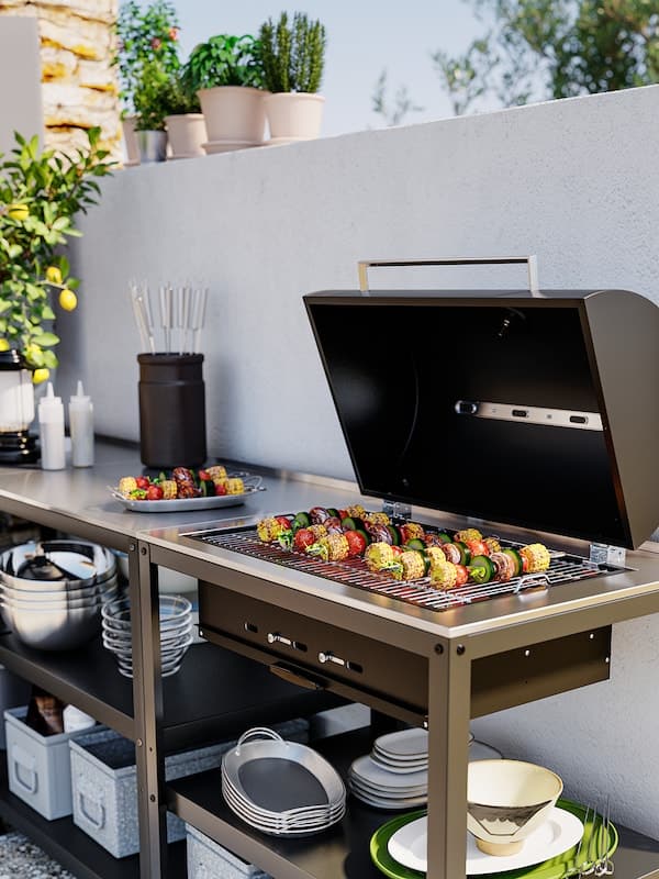 Ikea GRILLSKÄR - Kitchen with charcoal bbq, outdoor, stainless steel