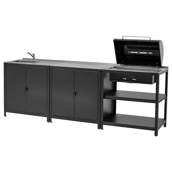 GRILLSKÄR - Sink/barbecue cabinet carbon est, stainless steel, 258x61 cm