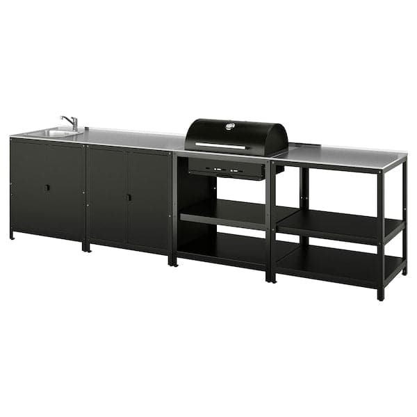 GRILLSKÄR - Sink/barbecue cabinet carbon est, stainless steel, 344x61 cm