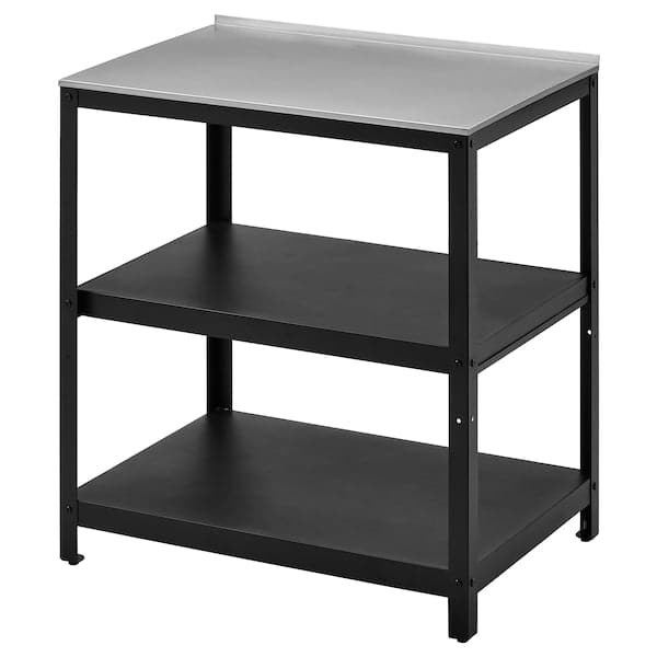 GRILLSKÄR - Kitchen island shelf unit, black/stainless steel outdoor, 86x61 cm