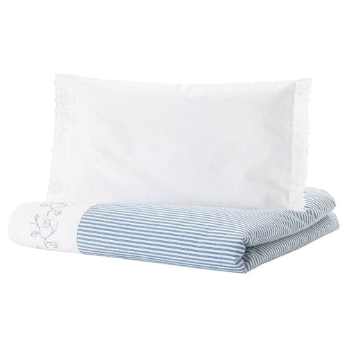 GULSPARV - Duvet cover 1 pillowcase for cot, striped/blue, 110x125/35x55 cm