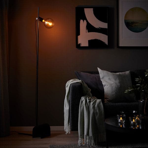 Ikea HÅRSLINGA / MOLNART - Floor lamp with bulb, black/globe transparent glass grey ,