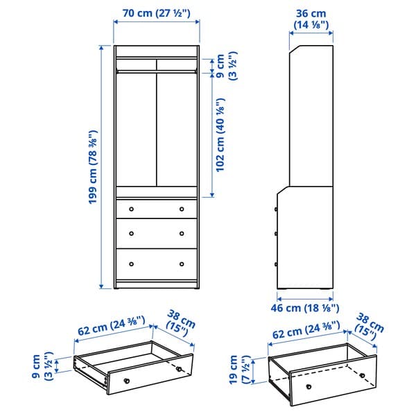 Ikea HAUGA - Open wardrobe with 3 drawers, white, 70x199 cm