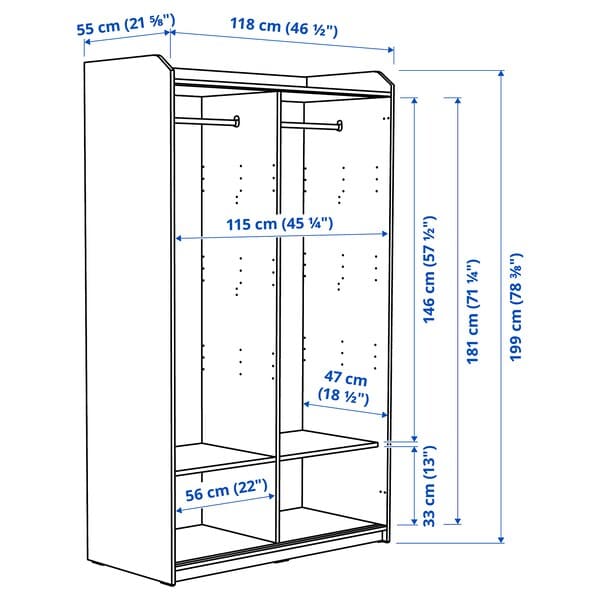 HAUGA - Wardrobe with sliding doors, grey, 118x55x199 cm - best price from Maltashopper.com 60407271