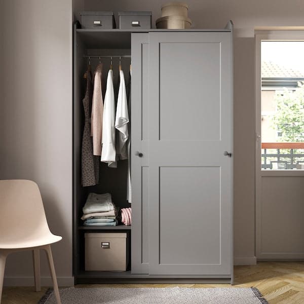 HAUGA - Wardrobe with sliding doors, grey - Premium Armoires & Wardrobes from Ikea - Just €362.99! Shop now at Maltashopper.com
