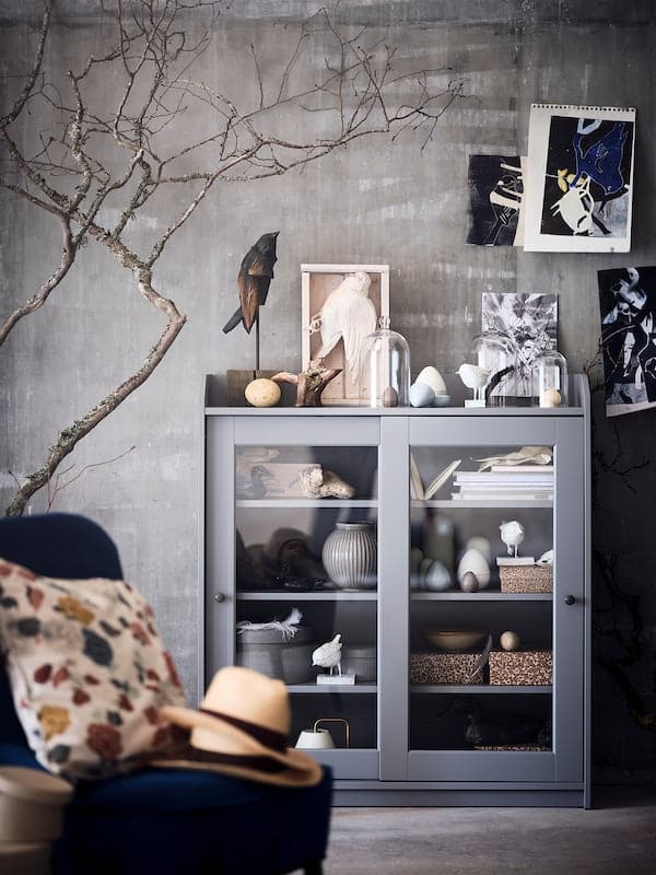 HAUGA - Glass-door cabinet, grey, 105x116 cm - best price from Maltashopper.com 80415048