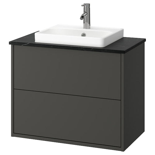 HAVBÄCK / ORRSJÖN - Washbasin/drawer/misc cabinet, dark grey/black marble effect,82x49x71 cm
