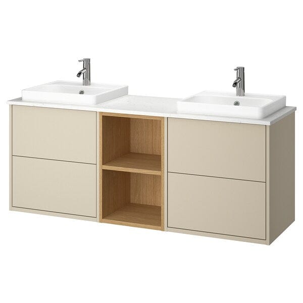 HAVBÄCK / ORRSJÖN - Washbasin/washbasin unit/mixer, beige/oak/white marble effect,162x49x71 cm - best price from Maltashopper.com 39528411