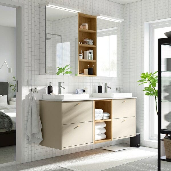 Ikea HAVBÄCK / ORRSJÖN - Washbasin/washbasin unit/mixer, beige/oak/white marble effect,162x49x71 cm