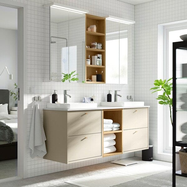 HAVBÄCK / ORRSJÖN - Washbasin/washbasin unit/mixer, beige/oak/white marble effect,162x49x71 cm - best price from Maltashopper.com 39528411