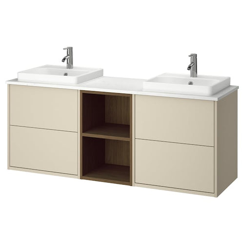 HAVBÄCK / ORRSJÖN - Washbasin/washbasin vanity unit, beige/brown oak-effect/white marble-effect, 162x49x71 cm