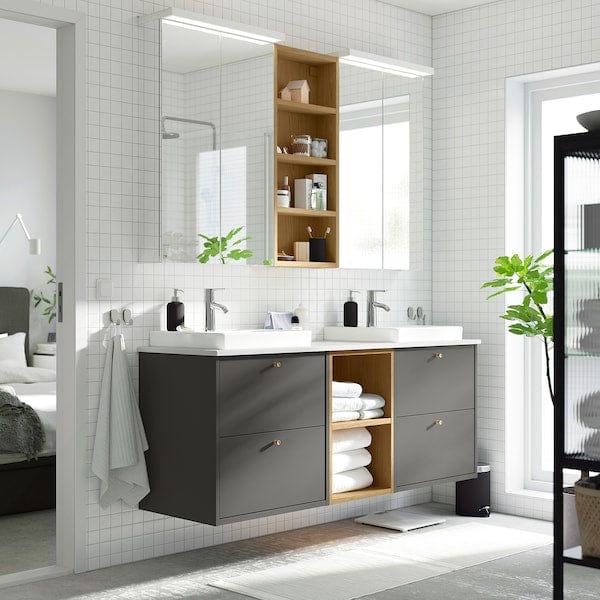 Ikea HAVBÄCK / ORRSJÖN - Washbasin/washbasin unit/mixer, dark grey/white marble effect,162x49x71 cm
