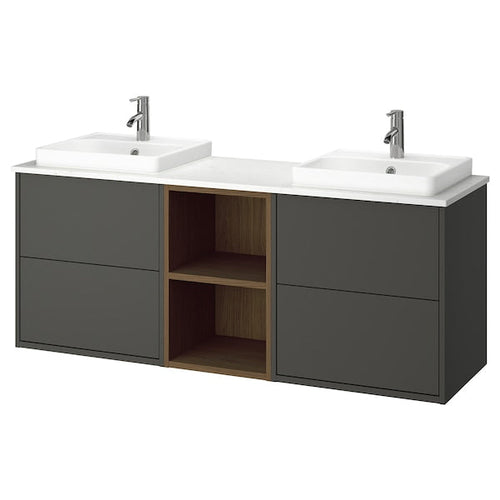 HAVBÄCK / ORRSJÖN - Washbasin/washbasin vanity unit, dark grey/brown oak effect/white marble effect,162x49x71 cm
