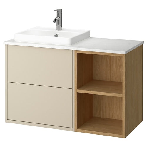 HAVBÄCK / ORRSJÖN - Washbasin/washbasin unit/mixer, beige/oak/white marble effect,102x49x71 cm