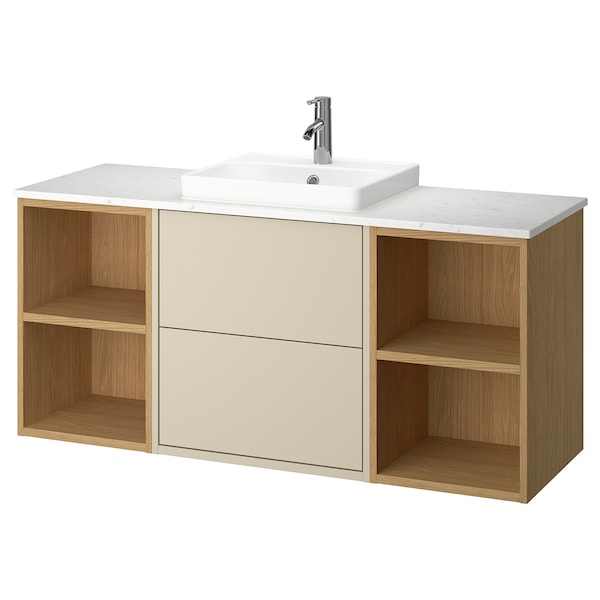 HAVBÄCK / ORRSJÖN - Washbasin/washbasin unit/mixer, beige/oak/white marble effect,142x49x71 cm - best price from Maltashopper.com 99528451