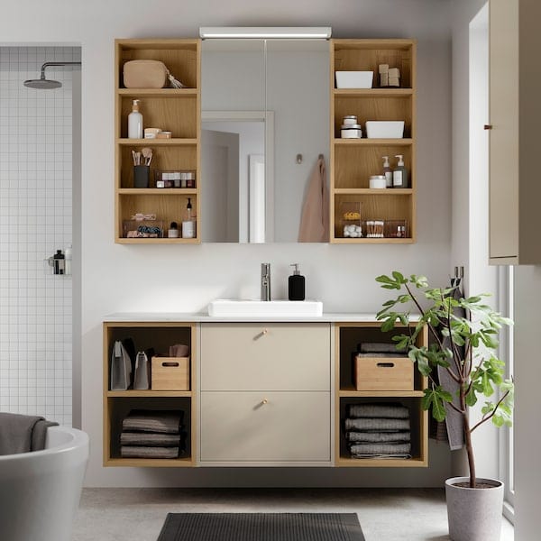 Ikea HAVBÄCK / ORRSJÖN - Washbasin/washbasin unit/mixer, beige/oak/white marble effect,142x49x71 cm