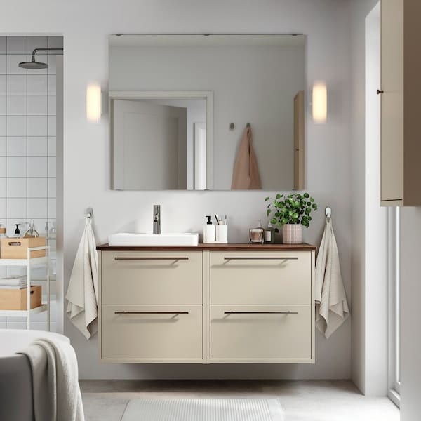 Ikea HAVBÄCK / ORRSJÖN - Washbasin/washbasin unit/mixer, beige/brown walnut effect,122x49x71 cm