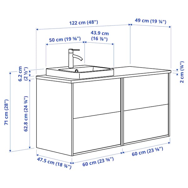 Ikea HAVBÄCK / ORRSJÖN - Washbasin/washbasin unit/mixer, beige/brown walnut effect,122x49x71 cm