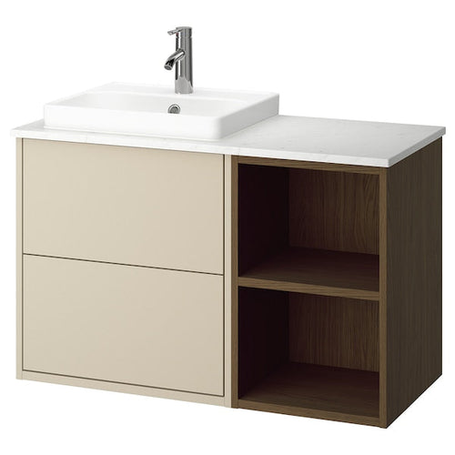 HAVBÄCK / ORRSJÖN - Washbasin/washbasin unit/mixer, beige/brown oak effect/white marble effect,102x49x71 cm