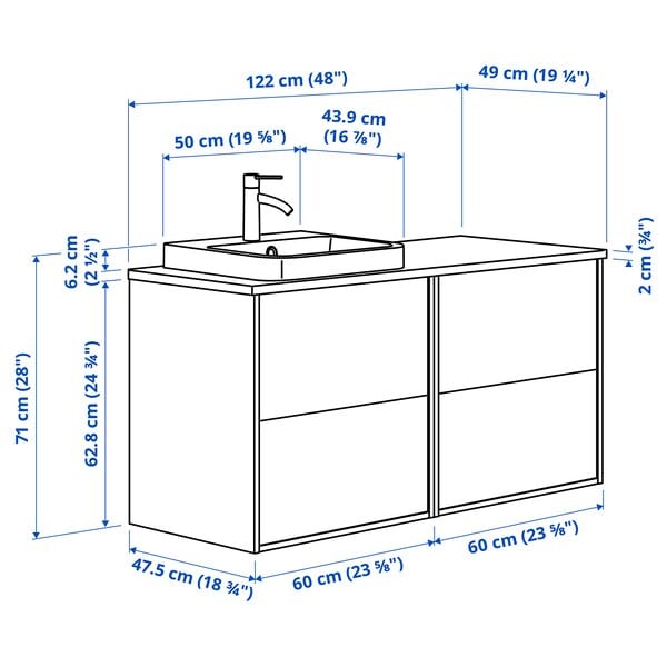 Ikea HAVBÄCK / ORRSJÖN - Washbasin/Washbasin/Mixer unit, white/white marble effect,122x49x71 cm
