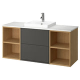 HAVBÄCK / ORRSJÖN wash-stand/wash-basin/tap, dark grey/oak effect/white marble effect, 142x49x71 cm