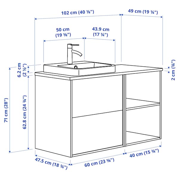 Ikea HAVBÄCK / ORRSJÖN - Washbasin/washbasin unit/mixer, dark grey/white marble effect,102x49x71 cm