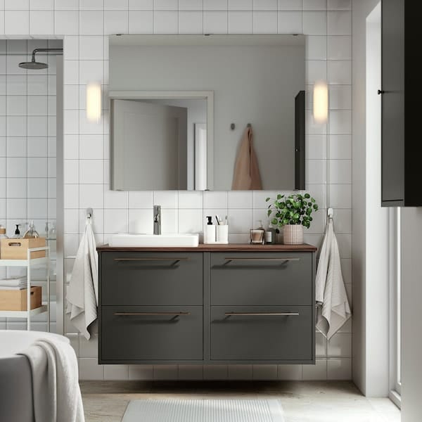 Ikea HAVBÄCK / ORRSJÖN - Washbasin/washbasin unit/mixer, dark grey/brown walnut effect,122x49x71 cm