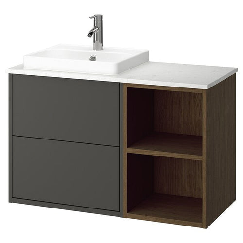 HAVBÄCK / ORRSJÖN - Washbasin/washbasin unit/mixer, dark grey/brown oak effect/white marble effect,102x49x71 cm