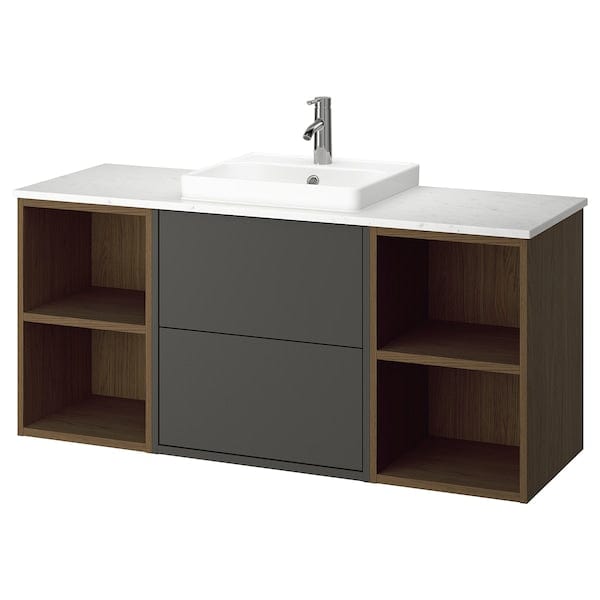 Ikea HAVBÄCK / ORRSJÖN - Washbasin/washbasin unit/mixer, dark grey/brown oak effect/white marble effect,142x49x71 cm