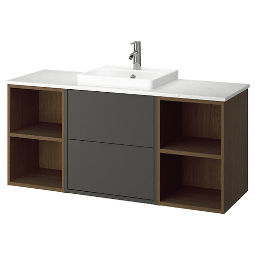 HAVBÄCK / ORRSJÖN - Washbasin/washbasin unit/mixer, dark grey/brown oak effect/white marble effect,142x49x71 cm