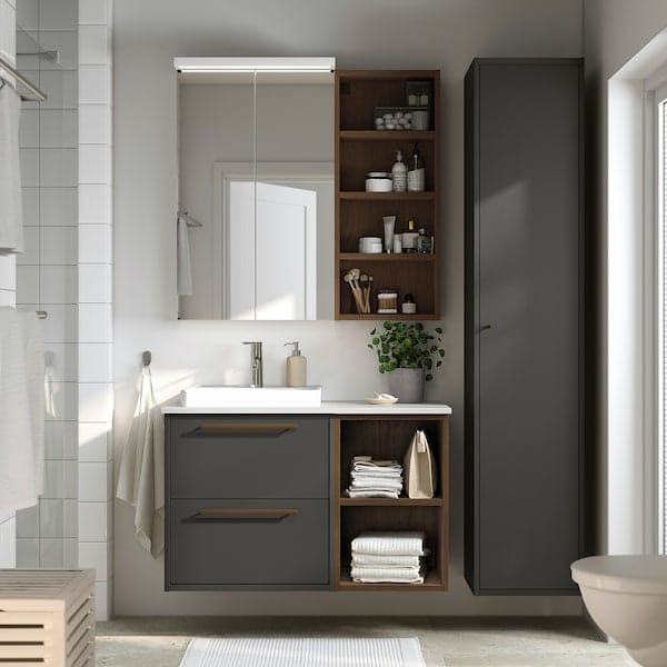 Ikea HAVBÄCK / ORRSJÖN - Washbasin/washbasin unit/mixer, dark grey/brown oak effect/white marble effect,102x49x71 cm