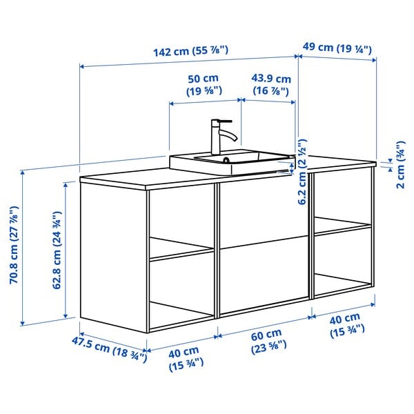 Ikea HAVBÄCK / ORRSJÖN - Washbasin/washbasin unit/mixer, dark grey/brown oak effect/white marble effect,142x49x71 cm