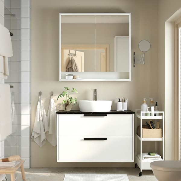 Ikea HAVBÄCK / TÖRNVIKEN - Washbasin/drawer/misc cabinet, white/black marble effect,102x49x79 cm