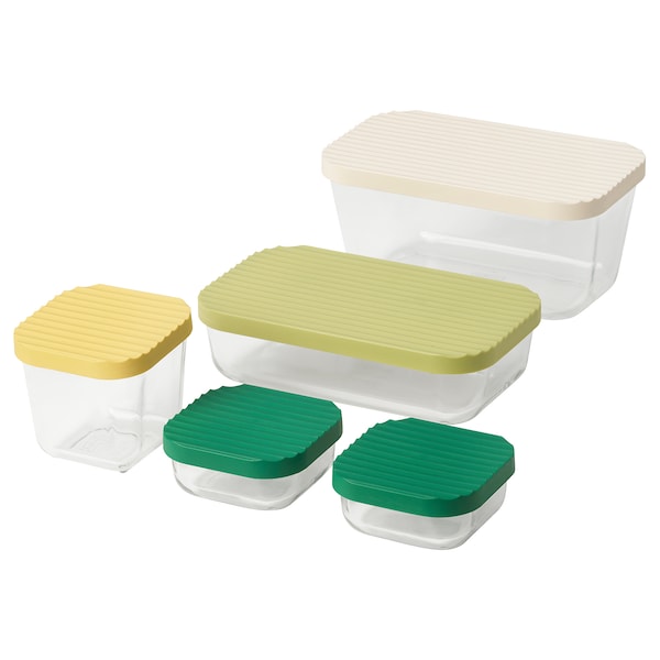 HAVSTOBIS - Food container with lid, set of 5, transparent/multicolour