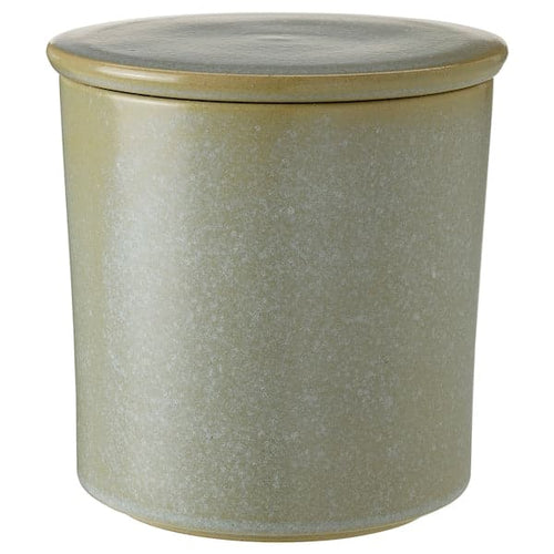 HEDERSAM - Scented candle in ceramic jar w lid, Fresh grass/light green, 60 hr