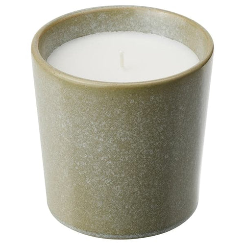 HEDERSAM - Scented candle in ceramic jar, Fresh grass/light green, 50 hr
