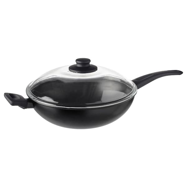 HEMLAGAD - Wok with lid, black, 28 cm - best price from Maltashopper.com 00462519