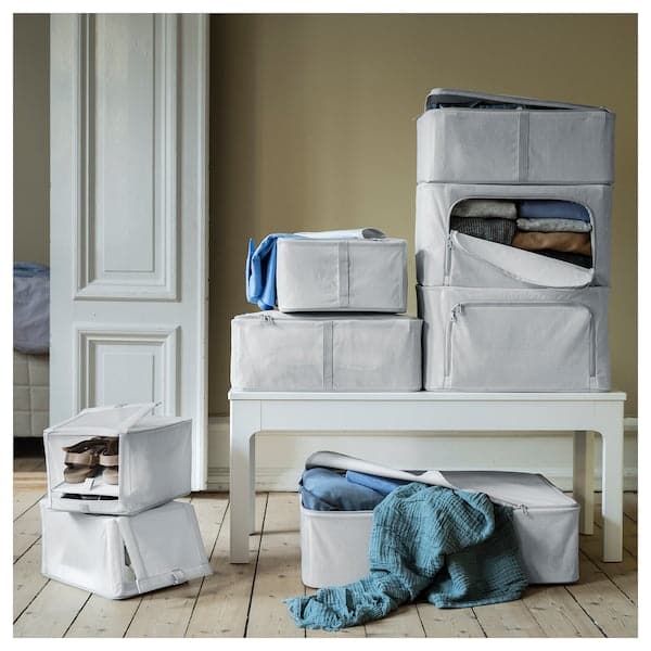 Ikea HEMMAFIXARE - Storage case, fabric striped/white/grey, 34x51x28 cm
