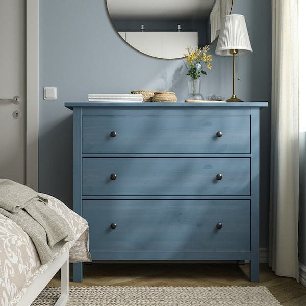HEMNES - Chest of 3 drawers, blue stain, 108x96 cm - best price from Maltashopper.com 30573950