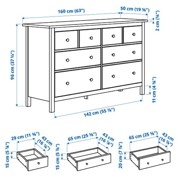 Ikea HEMNES - Chest of 8 drawers, grey stained, 160x96 cm