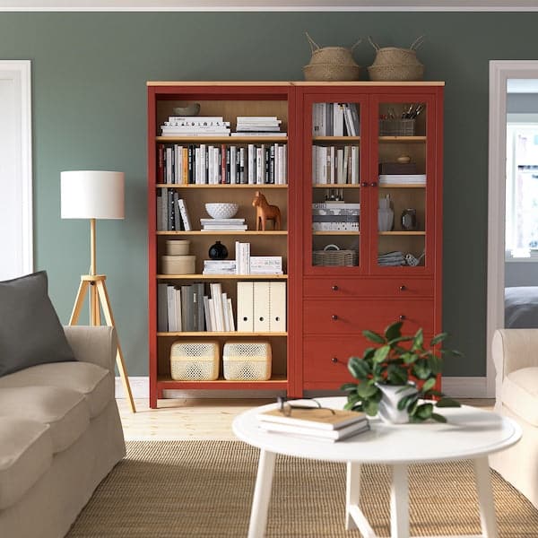 HEMNES - Storage combination w doors/drawers, red stained/light brown stained, 180x197 cm - best price from Maltashopper.com 99494837