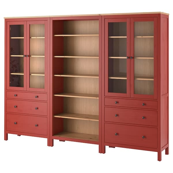 HEMNES - Storage combination w doors/drawers, red stained/light brown stained, 270x197 cm - best price from Maltashopper.com 89494729