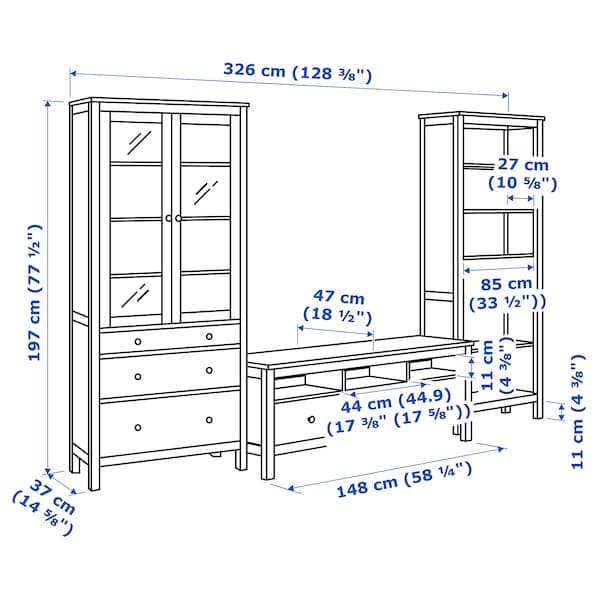 HEMNES - TV storage combination, black-brown/light brown clear glass, 326x197 cm - best price from Maltashopper.com 09336569