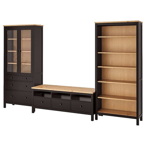 HEMNES - TV storage combination, black-brown/light brown clear glass, 326x197 cm