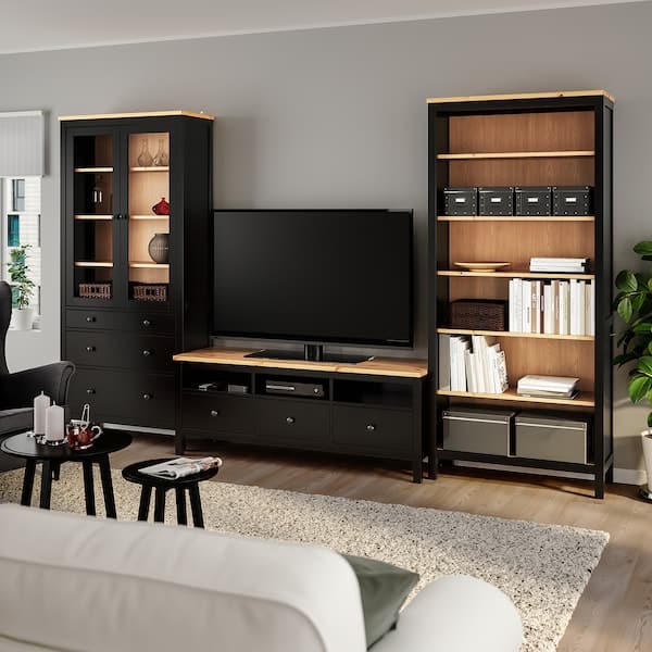 Ikea HEMNES - TV storage combination, black-brown/light brown clear glass, 326x197 cm