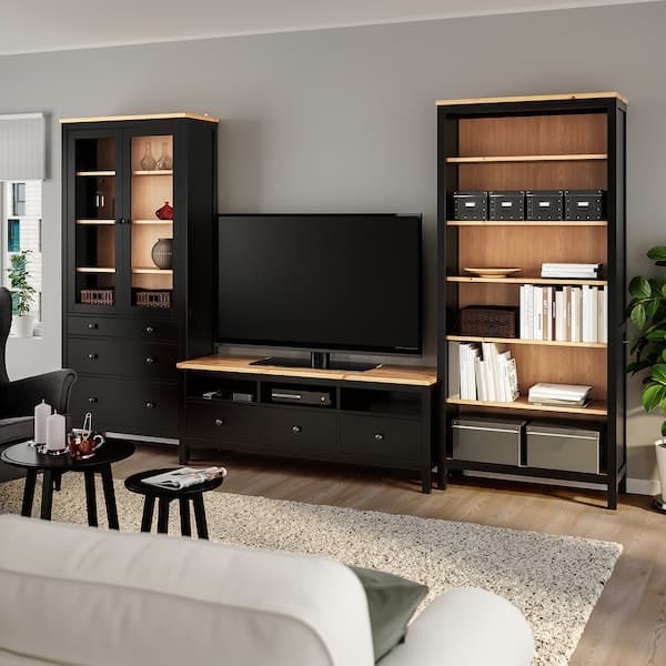 HEMNES - TV storage combination, black-brown/light brown clear glass, 326x197 cm - best price from Maltashopper.com 09336569